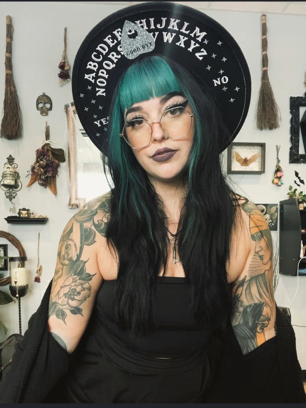 Black Ouija Board Wide-Brim Witch Hat - Picture 2 of 9